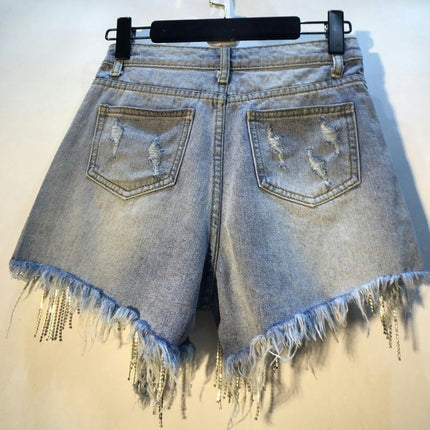 Women Denim Shorts High Waisted Ripped Tassels Jean Shorts