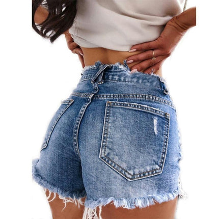 Women High Waisted Denim Shorts Frayed Raw Hem Ripped Jeans Shorts