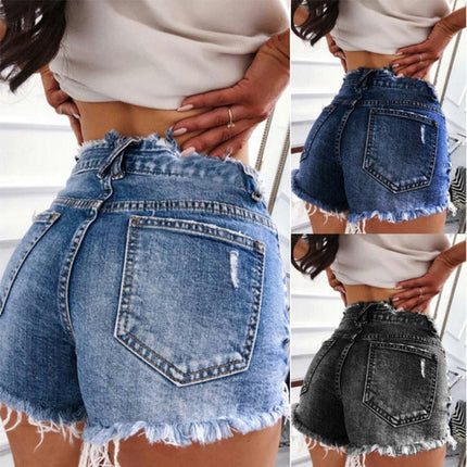 Women High Waisted Denim Shorts Frayed Raw Hem Ripped Jeans Shorts