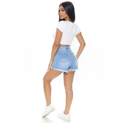 Women Casual High Waisted Denim Shorts Frayed Raw Hem Jeans Shorts