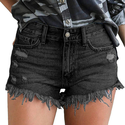 Women High Rise Ripped Jeans Shorts Frayed Raw Hem Casual Denim Shorts