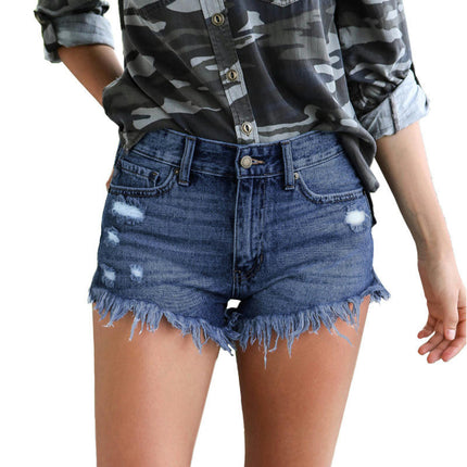 Women High Rise Ripped Jeans Shorts Frayed Raw Hem Casual Denim Shorts