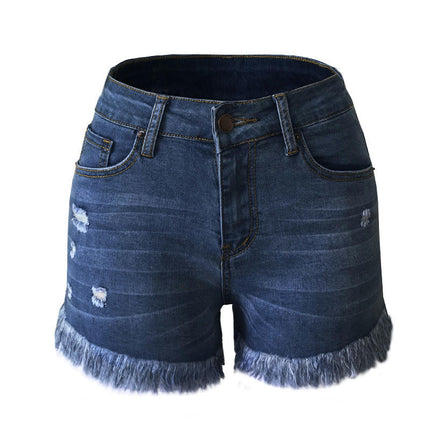 Women High Rise Ripped Jeans Shorts Frayed Raw Hem Casual Denim Shorts