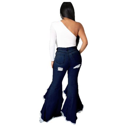 Women Bell Bottom Jeans High Waisted Flare Jean Ripped Hole Denim Bell Bottom Pants