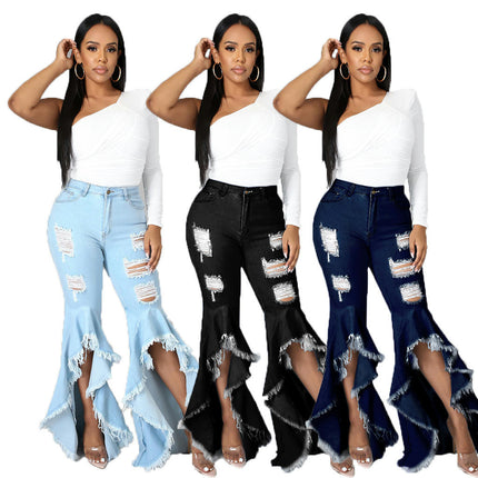 Women Bell Bottom Jeans High Waisted Flare Jean Ripped Hole Denim Bell Bottom Pants