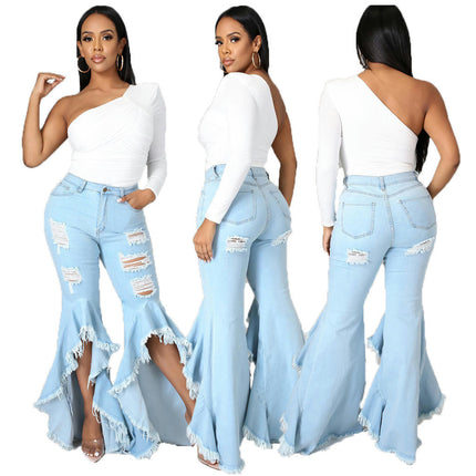 Women Bell Bottom Jeans High Waisted Flare Jean Ripped Hole Denim Bell Bottom Pants