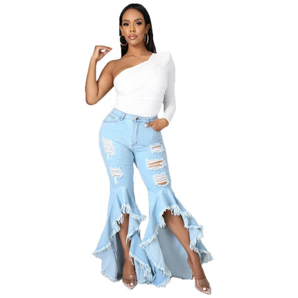 Women Bell Bottom Jeans High Waisted Flare Jean Ripped Hole Denim Bell Bottom Pants