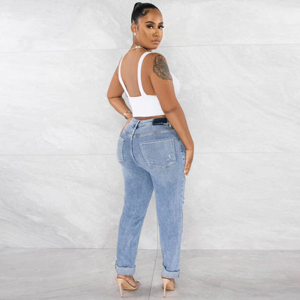 Women Ripped High Waisted Jeans Distressed Denim Pants with Hole