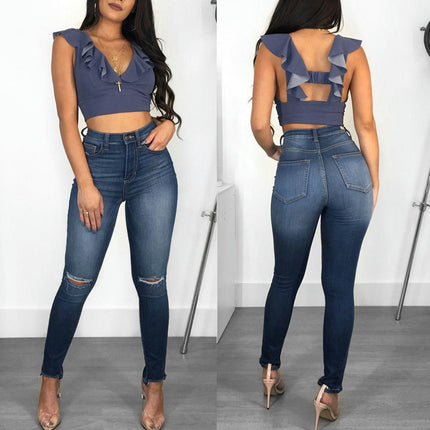 Women Ripped Stretch Skinny Jeans, High Rise Distressed Denim Pants