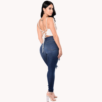 Women's High Waisted Skinny Destroyed Denim Pants Stretch Jeans