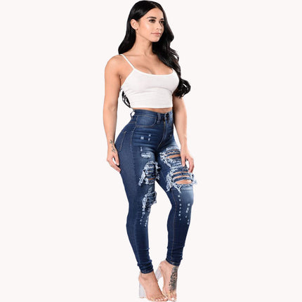 Women's High Waisted Skinny Destroyed Denim Pants Stretch Jeans