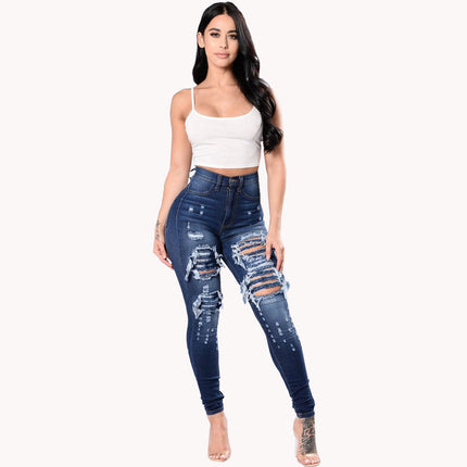 Women's High Waisted Skinny Destroyed Denim Pants Stretch Jeans