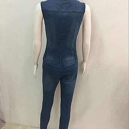 Denim Jumpsuit for Women Slim Fit Button Jean Pants Rompers