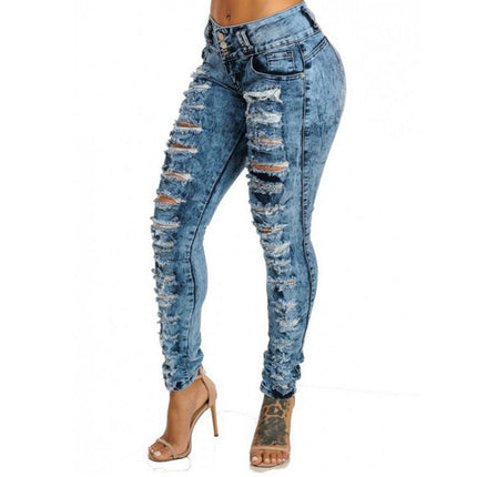 Women's High Rise Skinny Stretch Ripped Jeans High Waist Destroyed Denim Pants