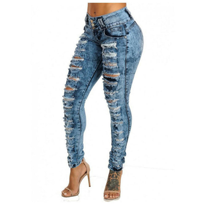 Women's High Rise Skinny Stretch Ripped Jeans High Waist Destroyed Denim Pants