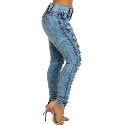 Women's High Rise Skinny Stretch Ripped Jeans High Waist Destroyed Denim Pants