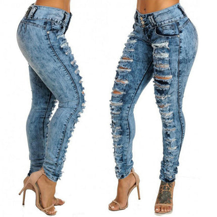 Women's High Rise Skinny Stretch Ripped Jeans High Waist Destroyed Denim Pants