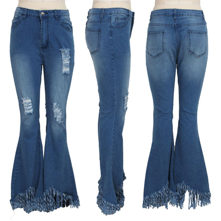 Women's Elastic Ripped Classic Denim Bell Bottom Jeans