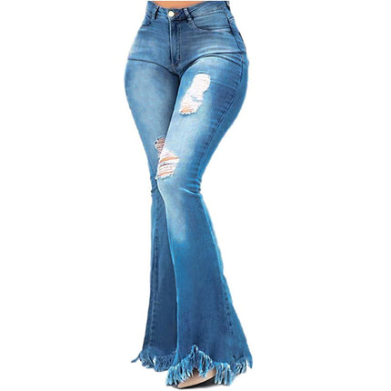 Women's Elastic Ripped Classic Denim Bell Bottom Jeans