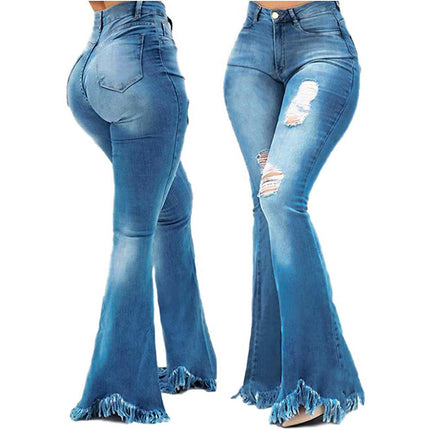 Women's Elastic Ripped Classic Denim Bell Bottom Jeans