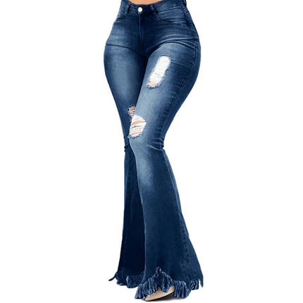 Women's Elastic Ripped Classic Denim Bell Bottom Jeans