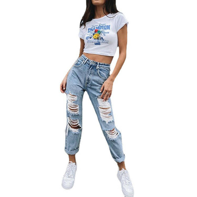 Women's Ripped Mid Waisted Boyfriend Jeans Distressed Straight Leg Denim Pants