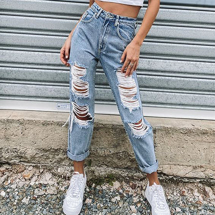 Women's Ripped Mid Waisted Boyfriend Jeans Distressed Straight Leg Denim Pants