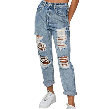 Women's Ripped Mid Waisted Boyfriend Jeans Distressed Straight Leg Denim Pants