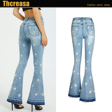 Women's Mid-Rise Bell Bottom Flare Frayed Hem Jeans