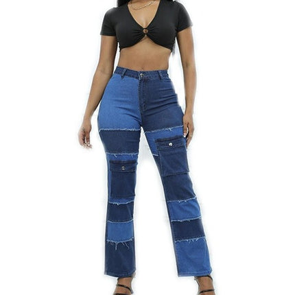 Color Block Jeans for Women High Waisted Straight Leg Stretch Patchwork Denim Pants