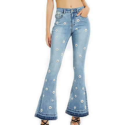 Women's Mid-Rise Bell Bottom Flare Frayed Hem Jeans