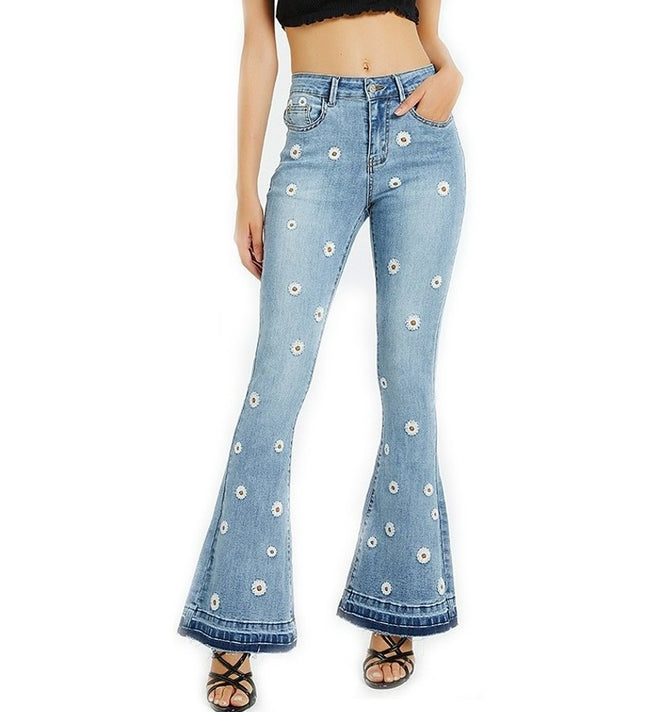 Women's Mid-Rise Bell Bottom Flare Frayed Hem Jeans