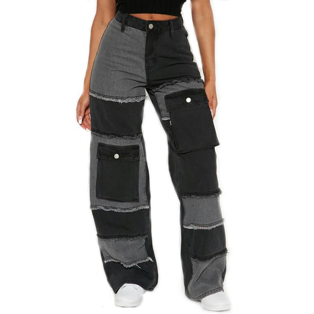 Color Block Jeans for Women High Waisted Straight Leg Stretch Patchwork Denim Pants