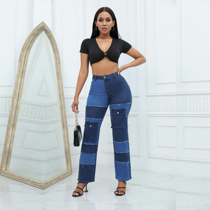 Color Block Jeans for Women High Waisted Straight Leg Stretch Patchwork Denim Pants