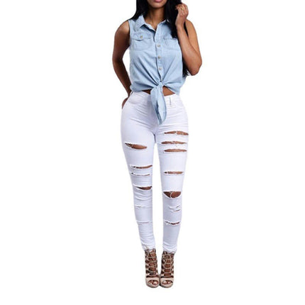 Women's Ripped Mid Waisted Jeans Distressed Stretchy Denim Pants