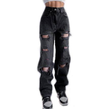 Women's Casual Loose Ripped Denim Pants Distressed Wide Leg Jeans