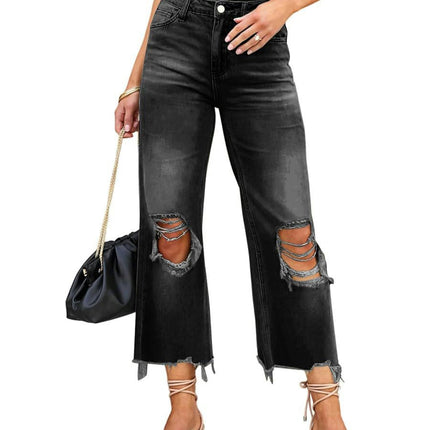 Women's Distressed Raw Hem Jeans Ripped Straight Leg Denim Pants