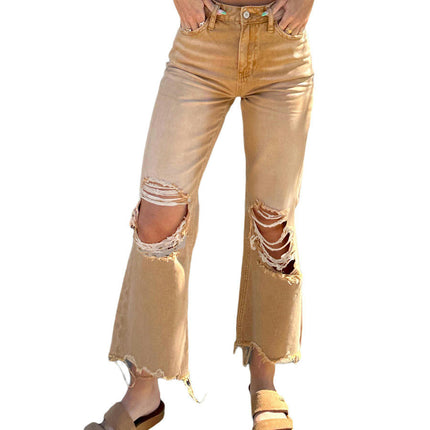 Women's Distressed Raw Hem Jeans Ripped Straight Leg Denim Pants