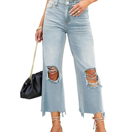 Women's Distressed Raw Hem Jeans Ripped Straight Leg Denim Pants