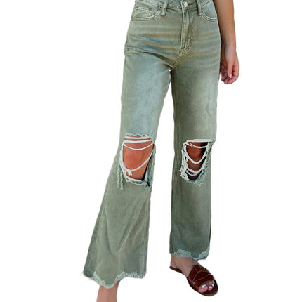 Women's Distressed Raw Hem Jeans Ripped Straight Leg Denim Pants