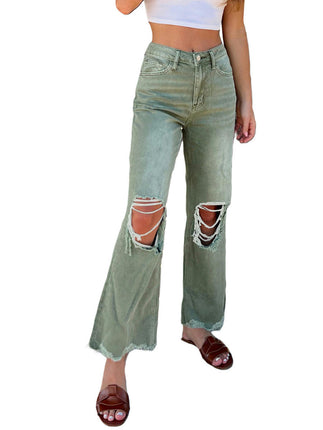 Women's Distressed Raw Hem Jeans Ripped Straight Leg Denim Pants