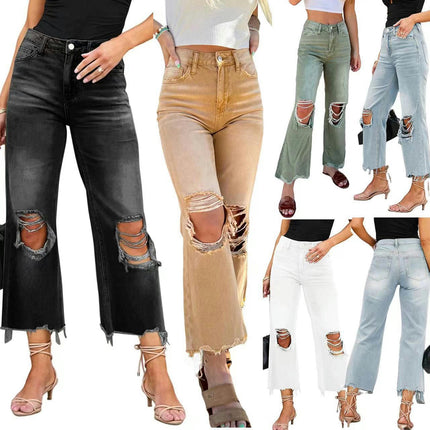 Women's Distressed Raw Hem Jeans Ripped Straight Leg Denim Pants