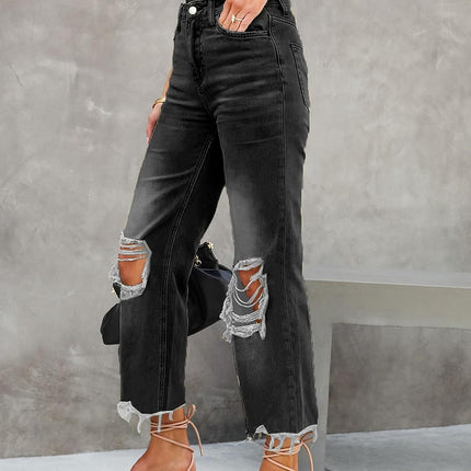 Women's Distressed Raw Hem Jeans Ripped Straight Leg Denim Pants