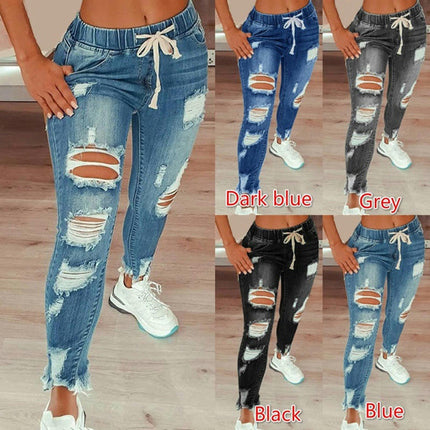 Women High Waist Skinny Stretch Ripped Jeans Destroyed Denim Pants