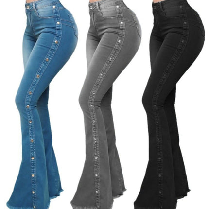 Women's High Waist Flare Jeans Raw Hem Bell Bottom Denim Pants