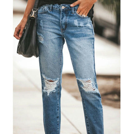 Women Ripped Mid Waisted Jeans Raw Hem Boyfriend Distressed Denim Pants