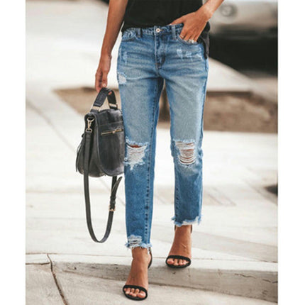 Women Ripped Mid Waisted Jeans Raw Hem Boyfriend Distressed Denim Pants