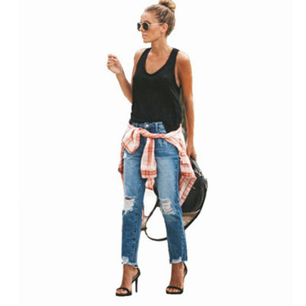 Women Ripped Mid Waisted Jeans Raw Hem Boyfriend Distressed Denim Pants