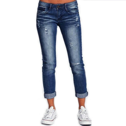 Women's Ripped Mid Waisted Jeans Skinny Distressed Denim Pants