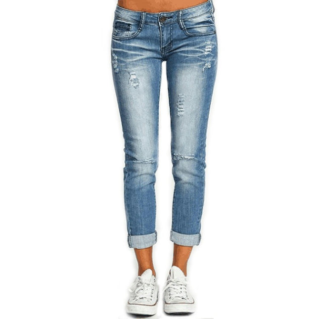 Women's Ripped Mid Waisted Jeans Skinny Distressed Denim Pants